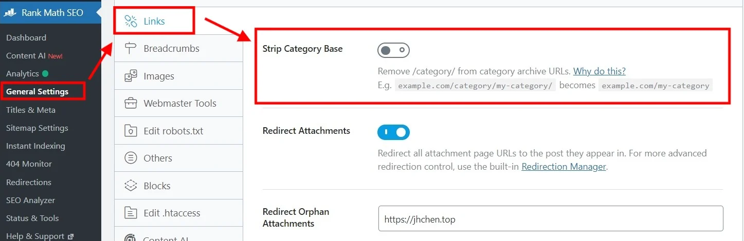 rank math seo 删除category链接