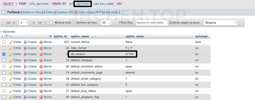 wordpress phpmyadmin 数据库版本号