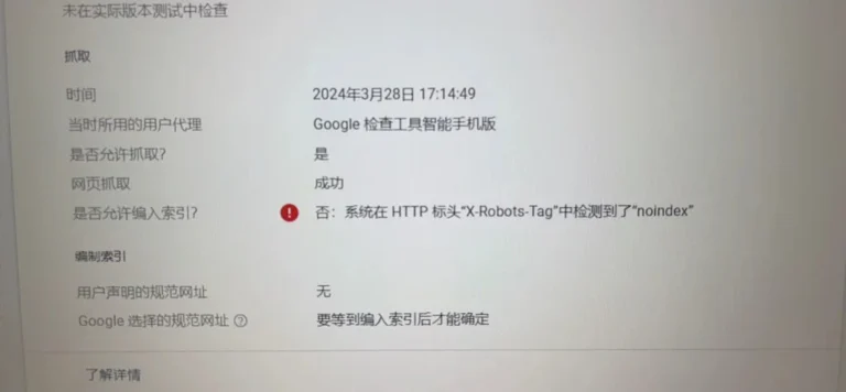 系统在HTTP标头x-robots-tag检测到noindex